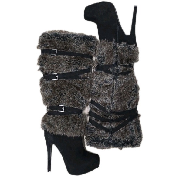 Women's High Heel Faux Fur Boots Black Brown Size 10 Galinah Boots EXCELLENT - Picture 1 of 9
